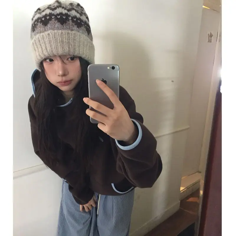 

Флисовая толстовка без шапки, женская толстовка с капюшоном, тяжелая осень, в американском стиле, с длинными рукавами и большими карманами, эластичная шикарная милая одежда для девочек