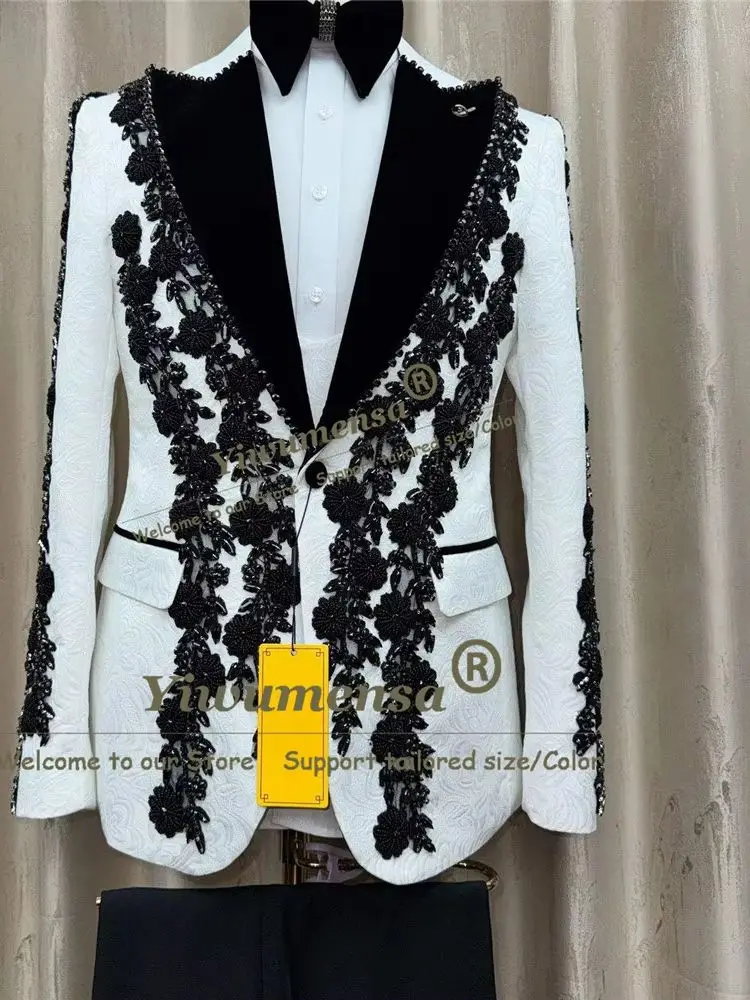 Latest Design Wedding Suits For Man Diamond Beaded Appliques Jacquard Jacket Pants 2 Piece Sets Groom Formal Wear Tuxedo Attire