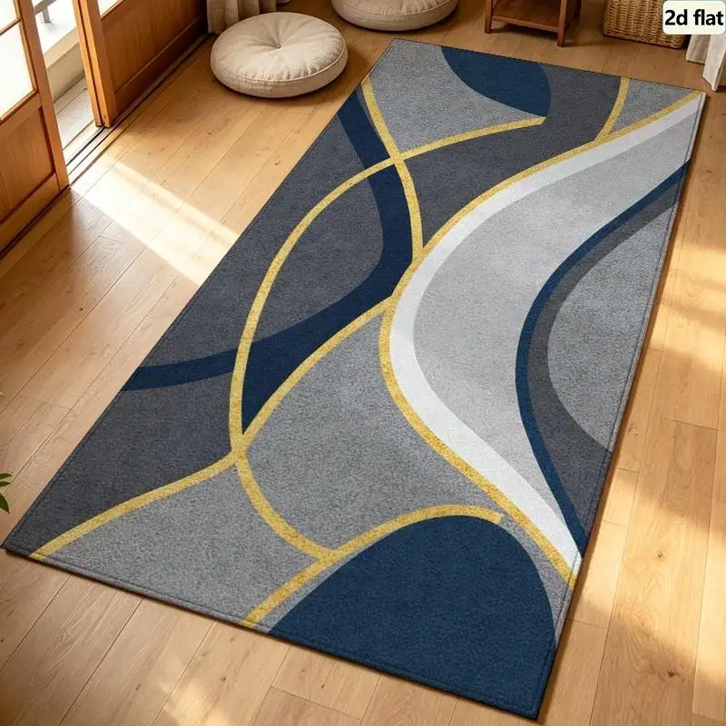 Carpet Flooring Grey Navy Blue Gold Line Curved Abstract Area Rug Modern Geometric Wave Floor Mat Home Decor