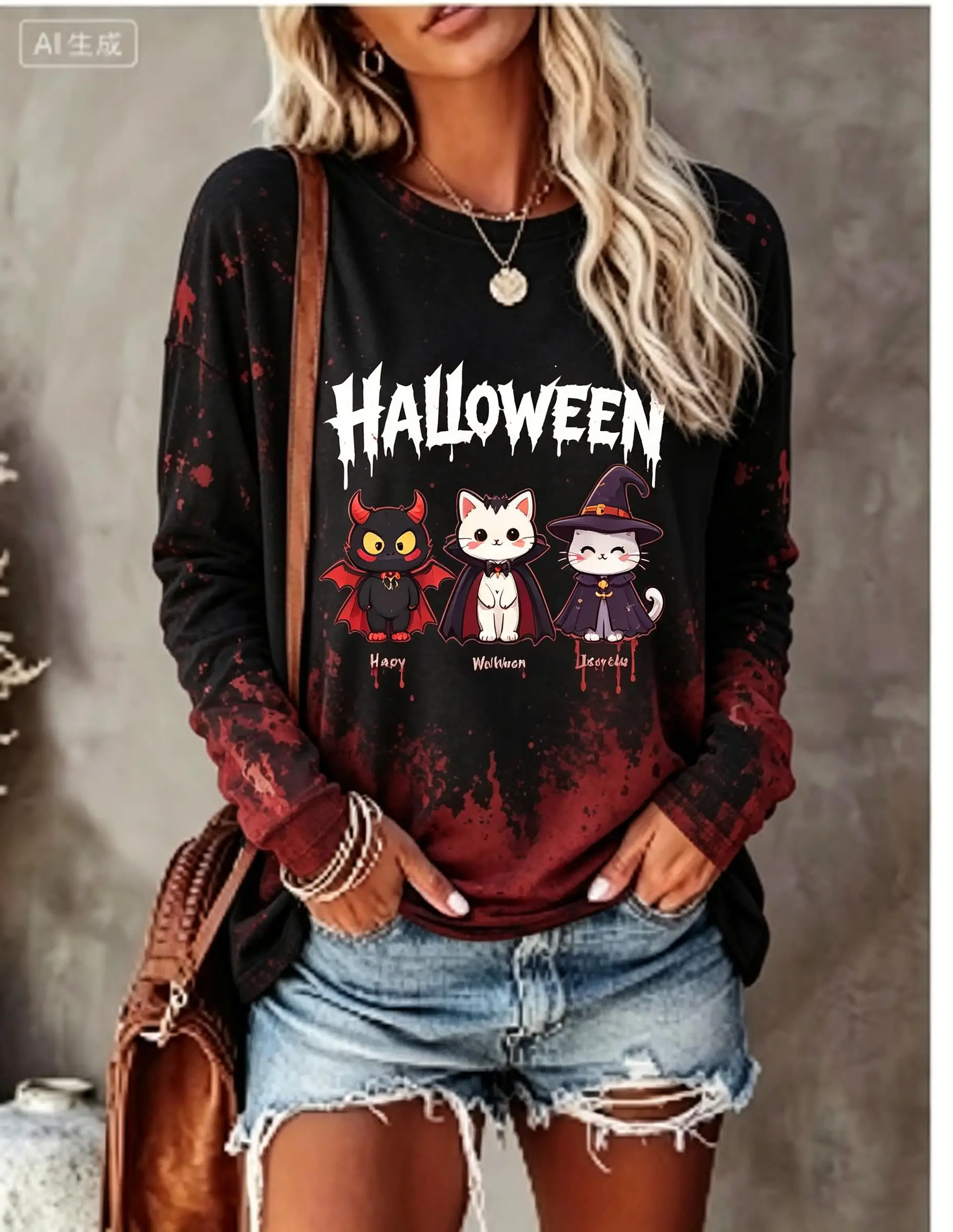 Women Halloween Long Sleeve T‑Shirt Cute Cartoon Cat Devil Witch Ombre Splatter Print Crew Neck Tops