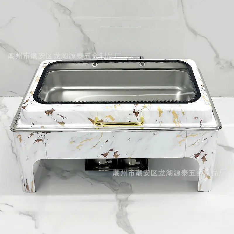 

Hotel stainless steel rectangular buffet stove commercial hydraulic visual flip marble Chafing Dish