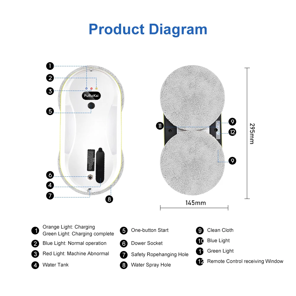 PuRuiKai 2025 Robotic Window Cleaner – AI-Powered Streak-Free for Glass/Patio Doors/Tiles Ultra-Quiet & Remote Control PRK-309