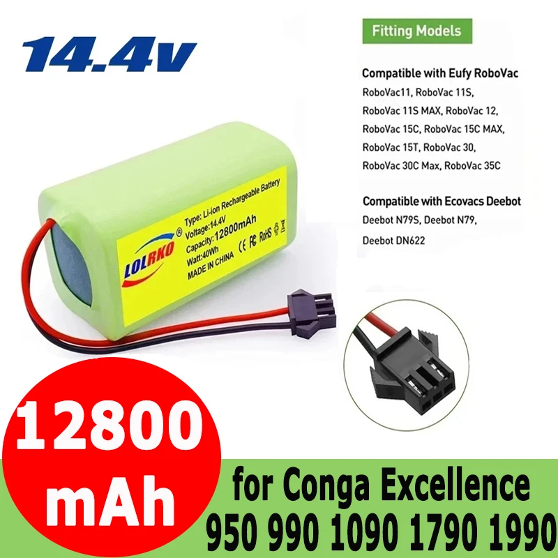 

14.4V 12800mAh Li-ion Battery for Conga Excellence 990 Ecovacs Deebot N79 N79S DN622622 Eufy RoboVac 11 11S RoboVac 30 Etc.