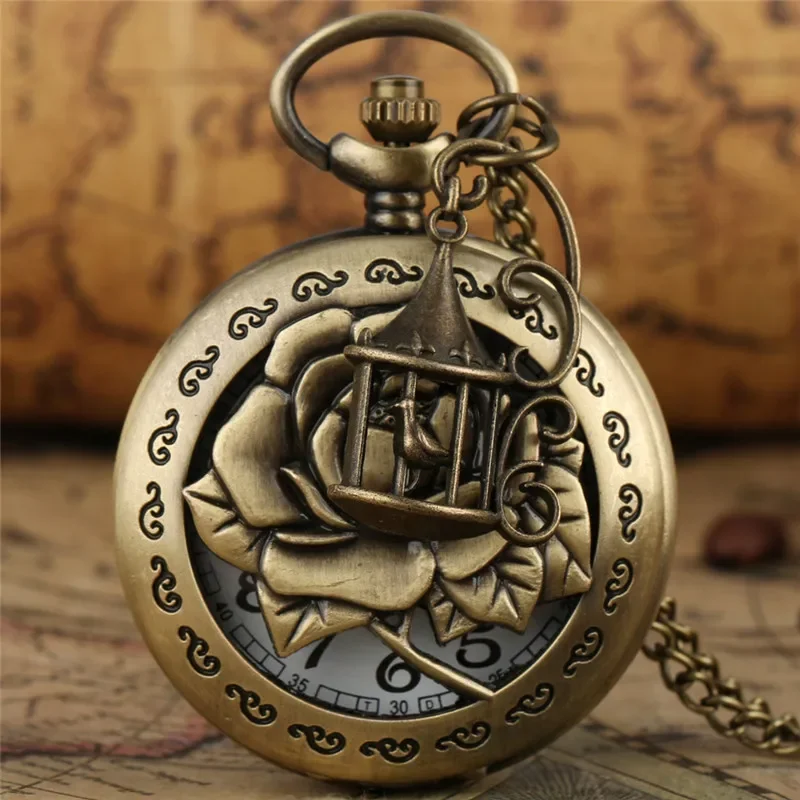 

Bronze Antique Hollow-Out Flower Design Women Men Retro Quartz Analog Pocket Watch Necklace Chain with Bird Cage Accessory