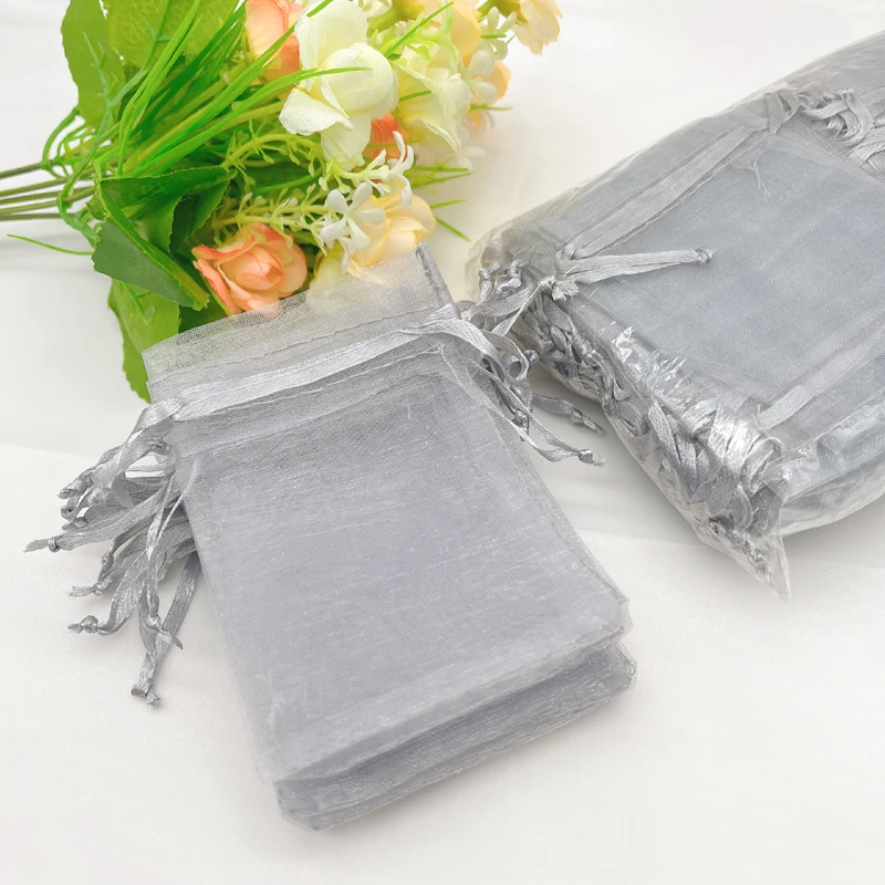 100pcs Gray Organza Gift Bags with Drawstring for Wedding Favors Party Supplies Candy Jewelry Packaging Storage Sachet Pouch