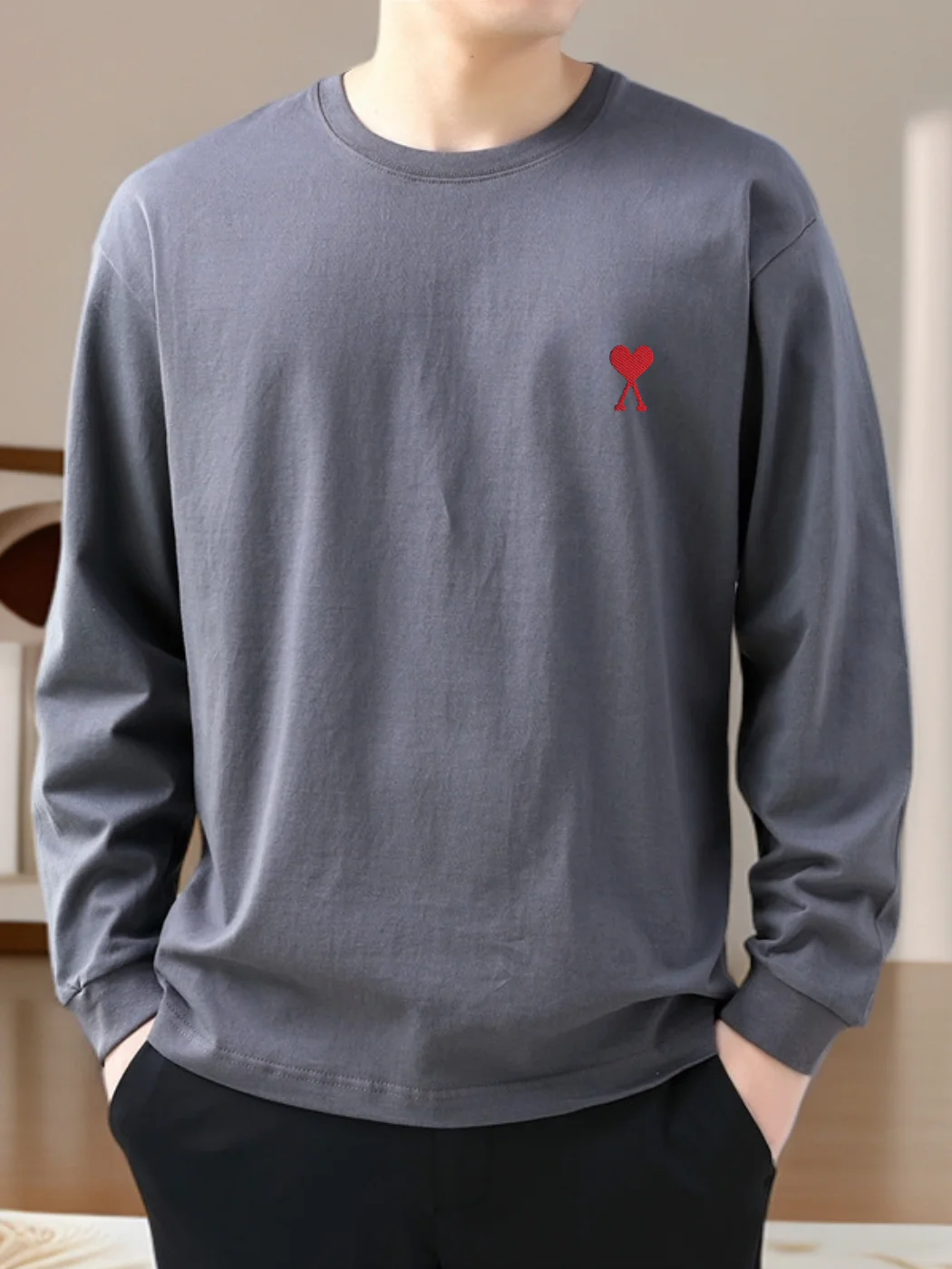 قميص رجالي أنيق مطرز بأكمام طويلة وياقة مستديرة، فضفاض وعصري للخريف والشتاء، قميص أساسي من القطن للشباب