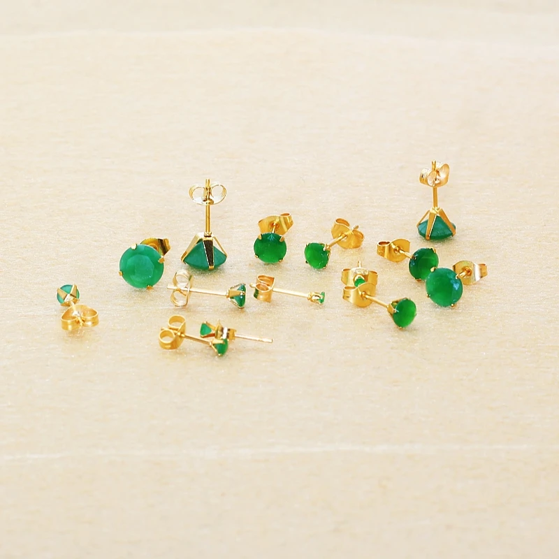 316l Stainless Steel With Vintage Green Glass Stones Stud Earring  IP Plating No Fade Allergy Free Quality Jewelry Gift
