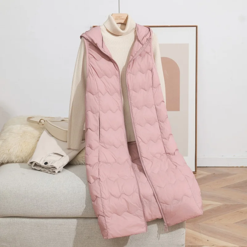 Long Hooded Down Vest 2025 Women Autumn and Winter New Simple Fashion Warm Commuting White Duck Down 90% Hooded Vest