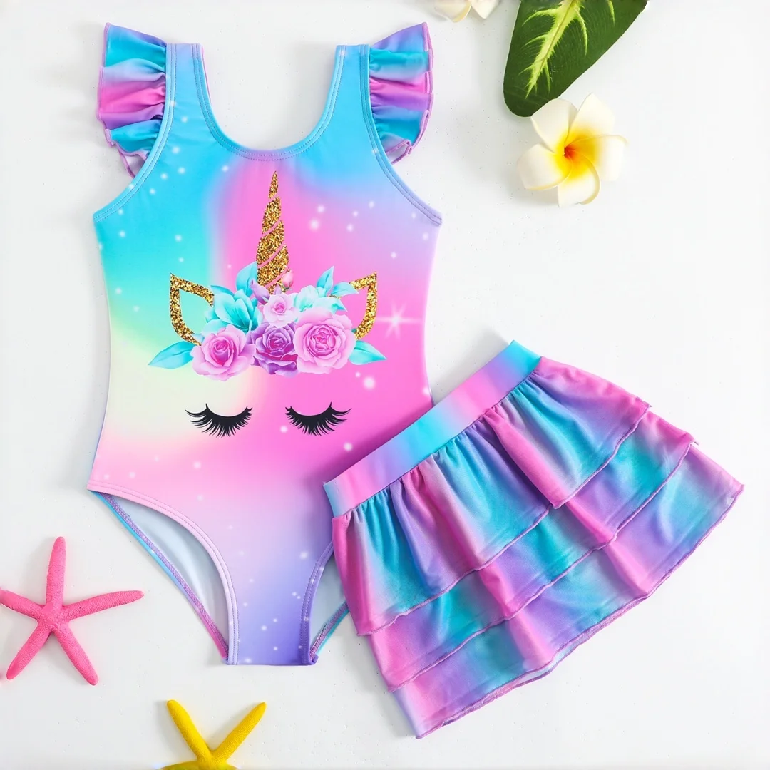 

2026 Kids Girl Swimsuit With Unicorn Digital Print Swimwear for Baby Girls With A Cake Skirt Bathing Suit Set Beach Outings Wear