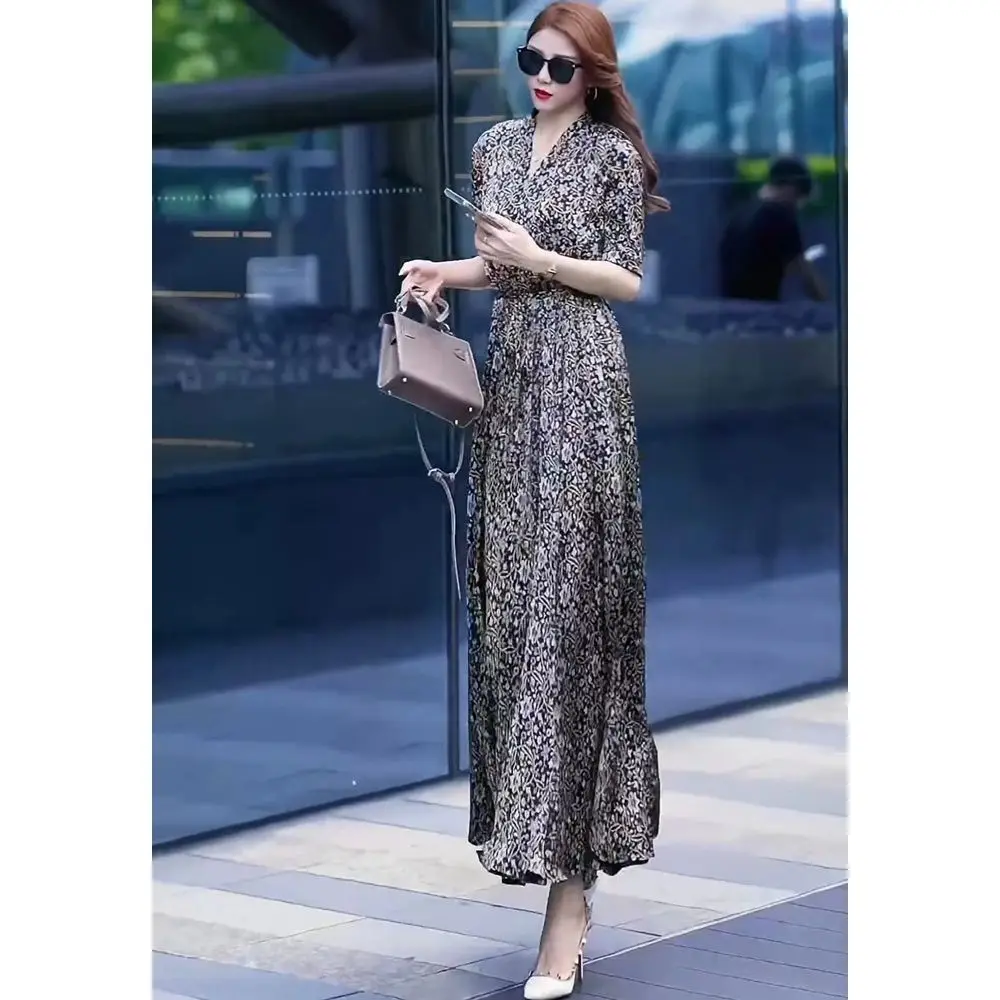 2024 Short Sleeve New Summer Printed Dress with Floral Patterns Waist Cinching Slimming Fashion High Waist arge Swing Long Skirt