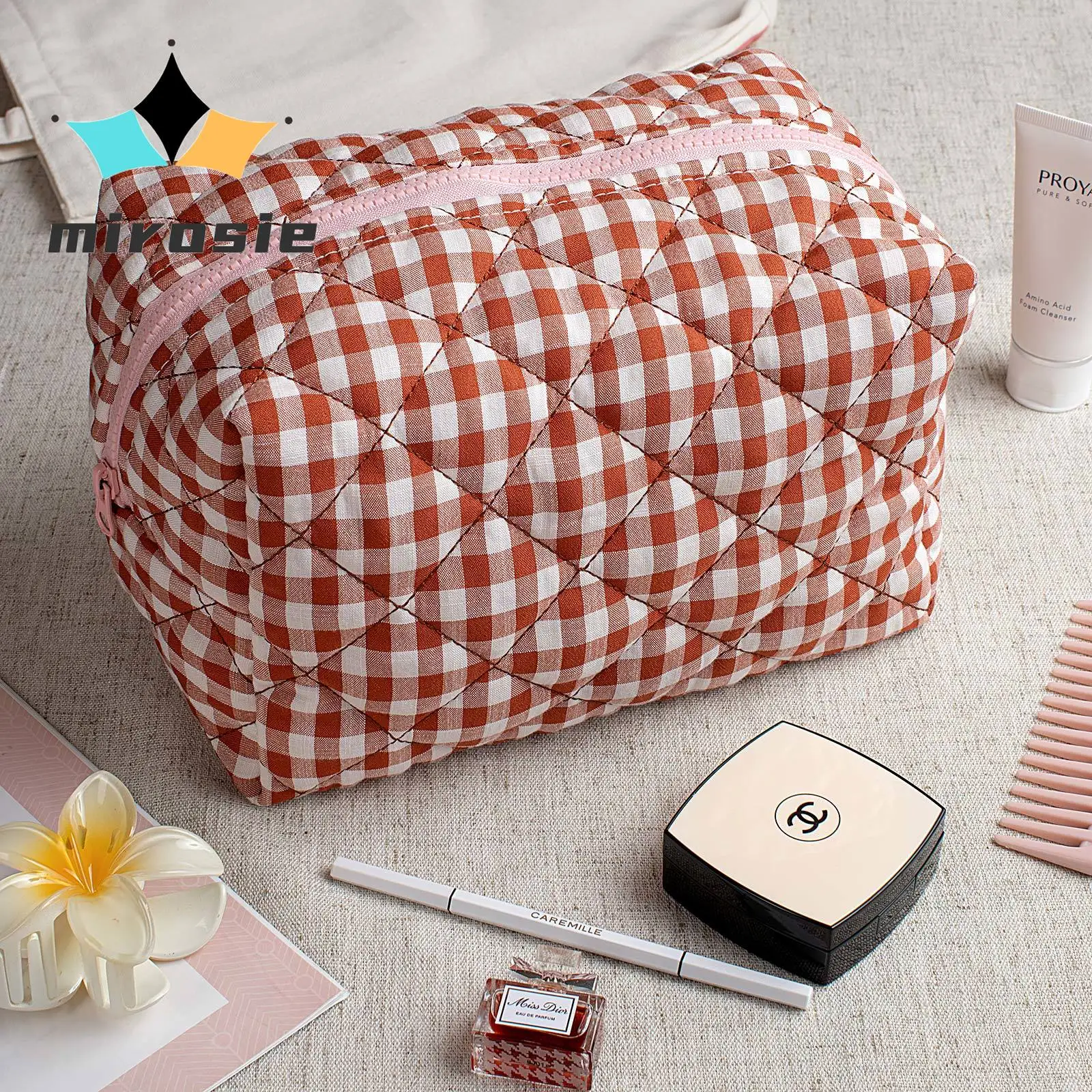 MIROSIE Pretty Chocolate Gingham Print Makeup Bag with Zipper Portable Travel Skincare Storage Pouch Makeup Organizer Big Size