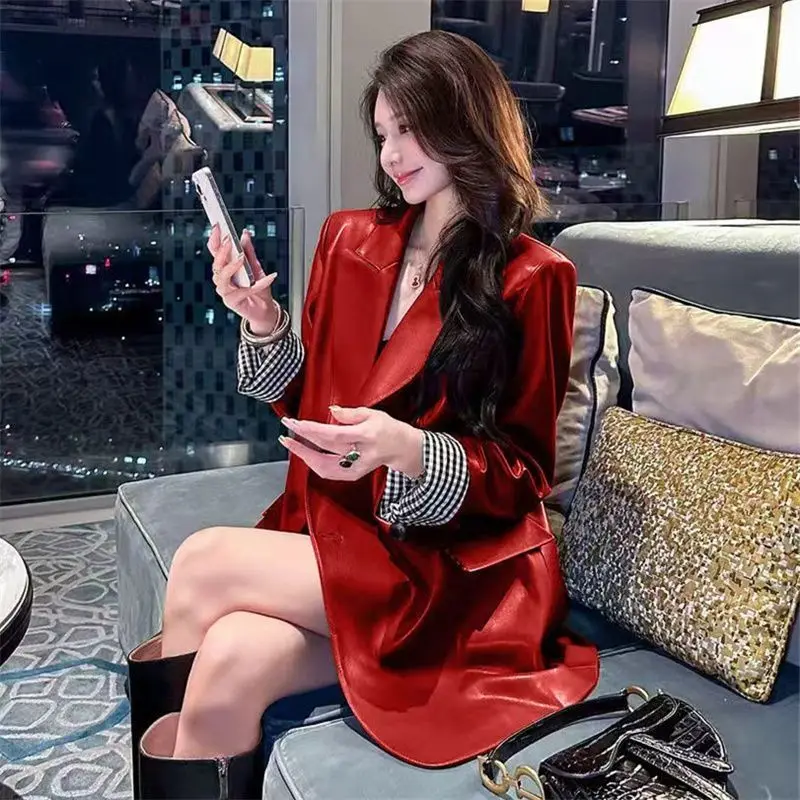 Women's Angola Red Retro PU Blazer 2026 Spring And Autumn New Loose Hong Kong Wind Locomotive Leather Jacket Top Yellow Jacket