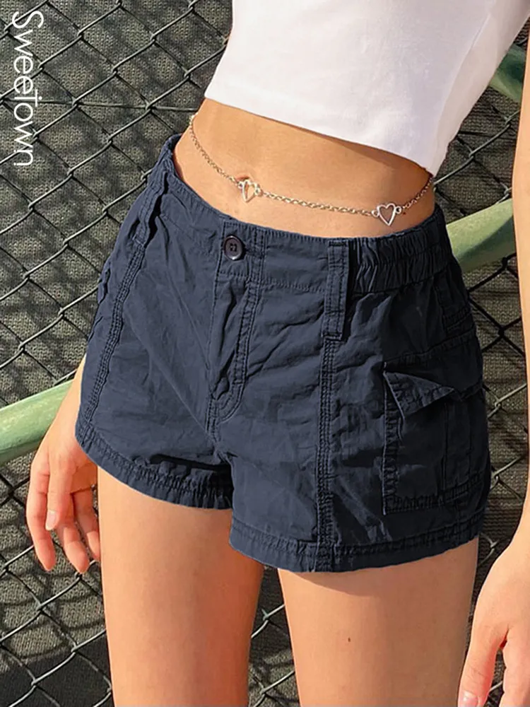 Sweetown Low Waist Stitch Y2K Mini Shorts Women Pockets Cargo Style Streetwear Short Woven Pants Casual Vacation Summer Outfits