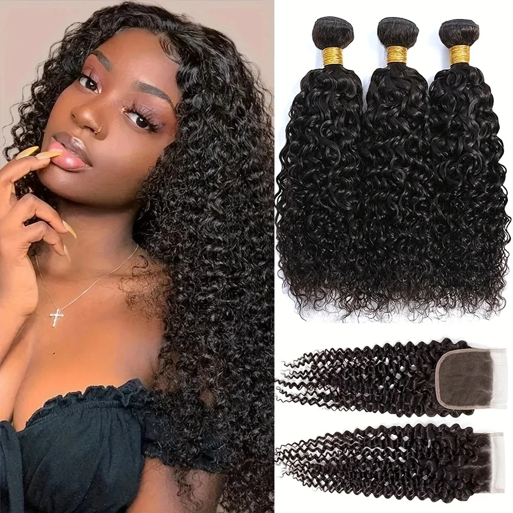 

Вьющиеся волнистые пучки человеческих волос с застежкой 100% необработанные волосы 3 пучка с кружевной свободной застежкой 4X4 HD Натуральный черный