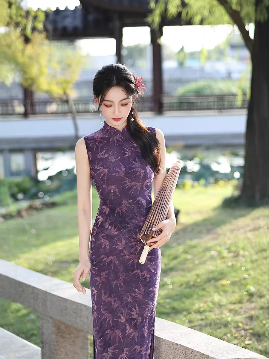 

Vintage Traditional Chinese Qipao Elegant Chinese Style Women Dress Cheongsam Hanfu Dress Sexy Print Floral Split Qipao Costume