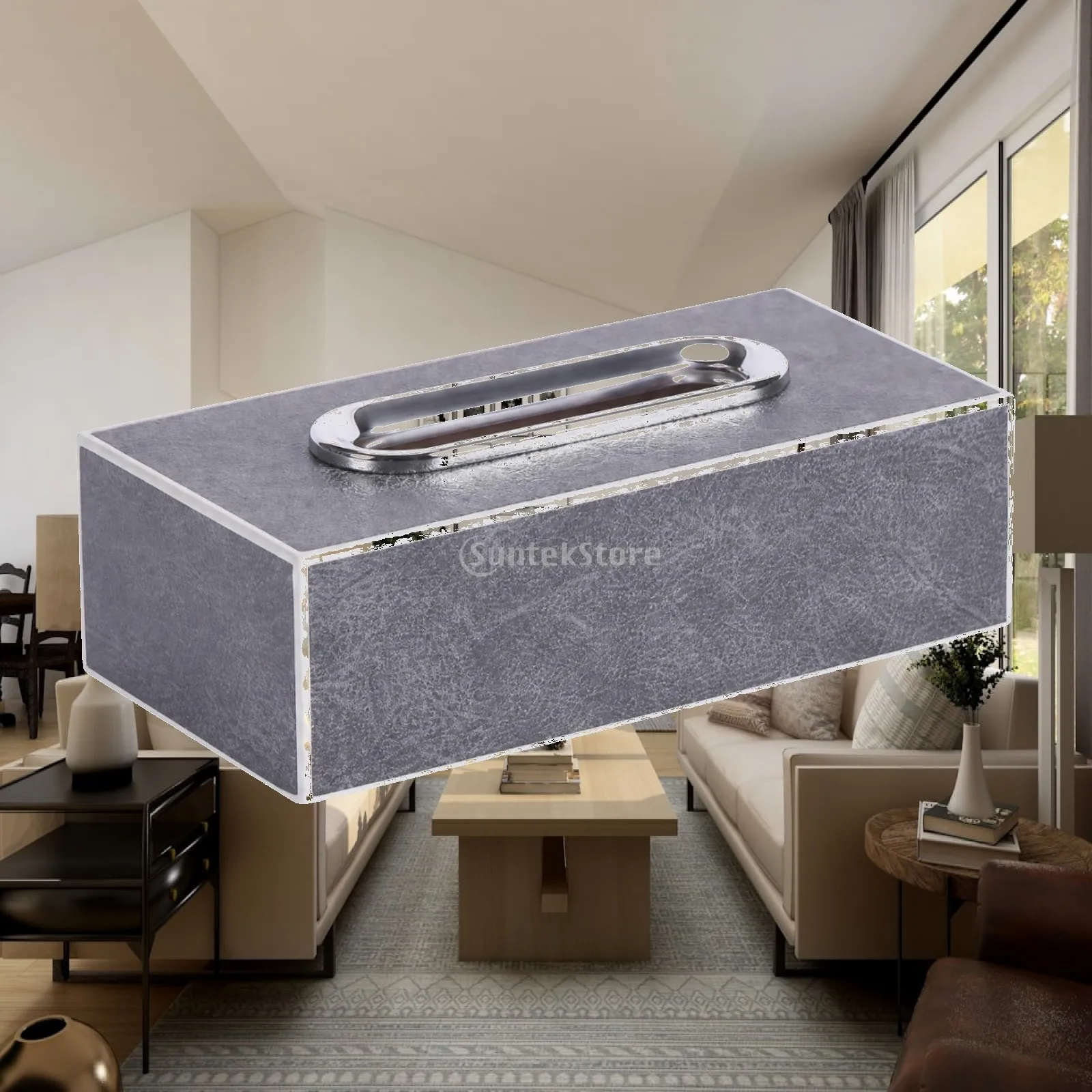 Rectangular Tissue Box with Metal Handle Long-Lasting PU Leather Tissue Box Wipe-Clean Stylish for Home, Office