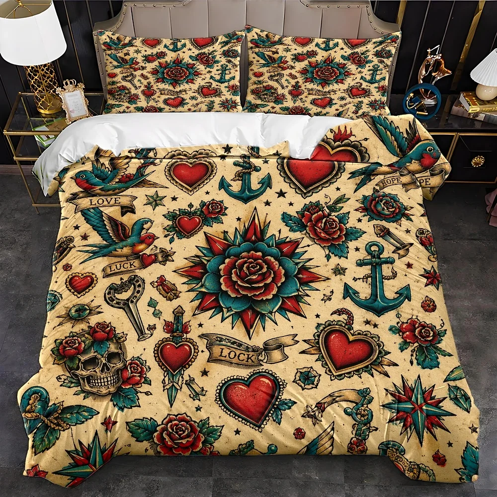 3Pc Vintage Tattoo Style Duvet Cover Set, Three-Piece Bedding Set (1*Duvet Cover + 2*Pillowcases), Suitable for All Seasons, Machine Washable, Includes Hidden Zipper, Personalized Heart Rose Skull Pattern, Suitable for Home, Dorm, Master Bedroom, Guest Room, Large Double Bed Cover Set, Trendy Tattoo Elements Bedding, Vintage Distressed Style Bedding Set, Durable, Breathable, Skin-Friendly Duvet Cover Three-Piece Set, Cross-Border Hot-Selling American Traditional Tattoo Bedding, Vintage Distressed Style Bedding Set, Wear-Resistant, Breathable, Skin-Friendly Duvet Cover Three-Piece Set, Cross-Border Hot-Selling American Traditional Tattoo Bedding
