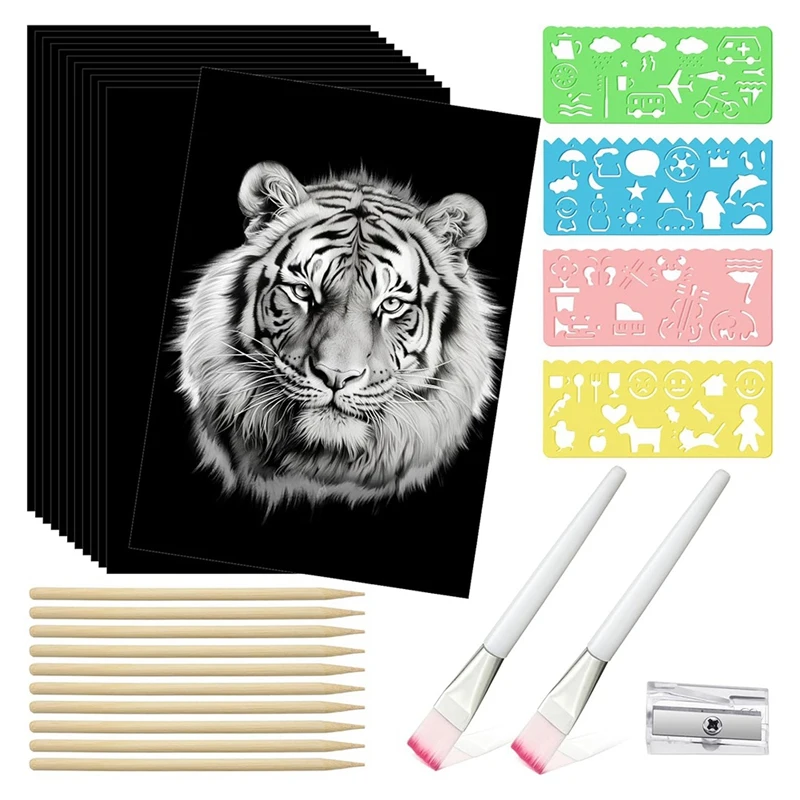 

A16R-127 Pcs Scratch Paper Art Set Wooden Styluses And Stencils For DIY Birthday Party Gift Supplies (8.5 X 11 Inch)