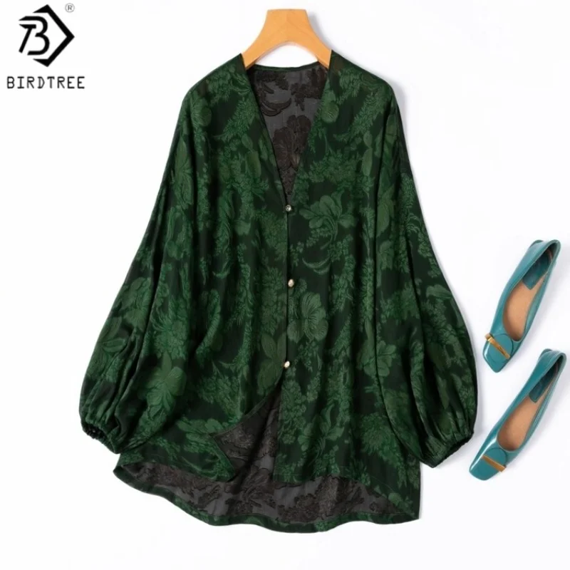 

Зеленый кардиган BirdTree из 100% тутового шелка, женский жаккардовый рукав-фонарик с v-образным вырезом, свободное однобортное летнее осеннее пальтоT59102JF