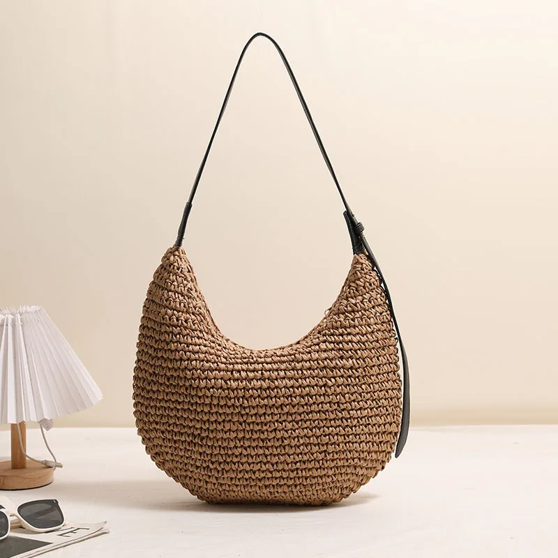 Modische Unregelmäßige Strohtasche Schulterhandtasche Einfarbig Neue Strand-Urlaubstasche für Damen Geflochtene Schultertasche Accessoire – Detail 1