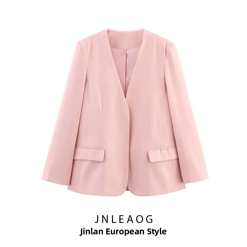 

JNLEAOG Women's Faionable Pink Loose Nel Suit Jaet Autumn New Sle Casual Busin Polyester Long Sve Zipper