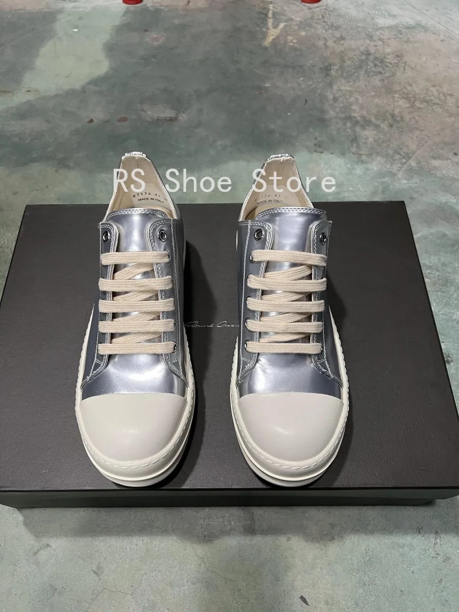 

Ro Men Shoes Silver Leather Low Top Shoe Lace Up Women Casual Sneaker Retro Design Cowhide Flat Sneakers