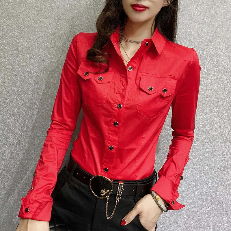 Office Lady Slim Solid Color Blouse Fashion Pockets Spliced Spring Autumn Chic Single-breasted Women\'s Clothing Polo-Neck Shirt