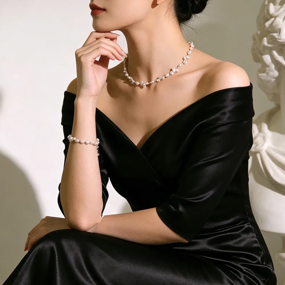 Original Baroque Pearl Jewelry Set for Women Elegant Luxury Handmade Irregular Freshwater Pearl Choker Necklace + Bracelet Gift