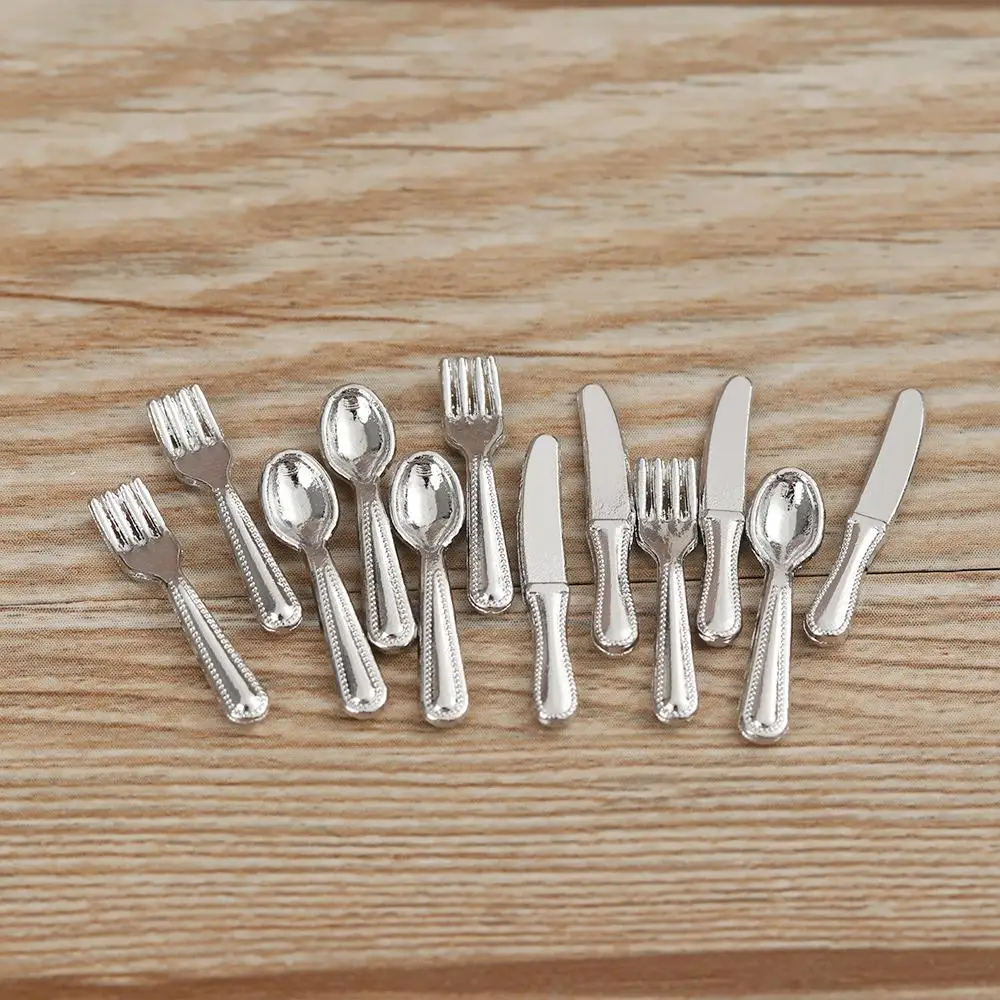 12PCS Metal Kitchen Dollhouse Furniture Fork Knife Spoon Miniature Cookware Doll Accessory Simulation Mini Cutlery