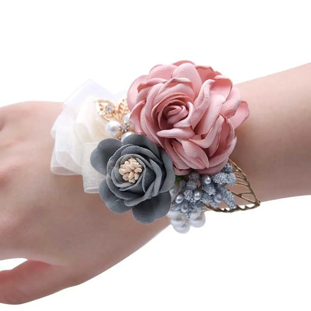 Open Artificial Flower Wrist Flower Pearl Wristband Rhinestone Ribbon Wedding Prom Dance Party Bridal Wrist Flowers - view 5