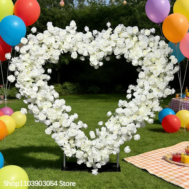 5D Weiße Rose Schleierkraut Herzförmiger Hochzeitshintergrund Blumenbogen Rahmen Dekoration Blumenreihe Arrangement Ständer Event-Requisiten – Detail 1
