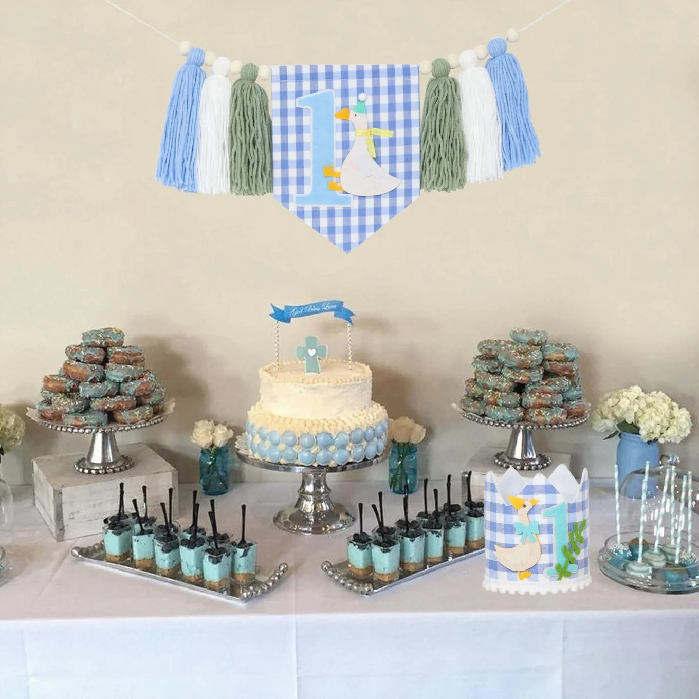 Hochstuhl-Banner zum 1. Geburtstag, blaue große Gans-Thema, dekorative Girlande für Geburtstagsfeiern, Foto-Requisiten, Partyzubehör für Jungen – Detail 10