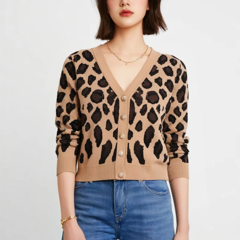 Jacquard Leopard Vintage Cardigan V-Neck Long Sleeve Sweater Knit Jacket Button-Front Knitwear 2024 Autumn/Winter Woman Clothing