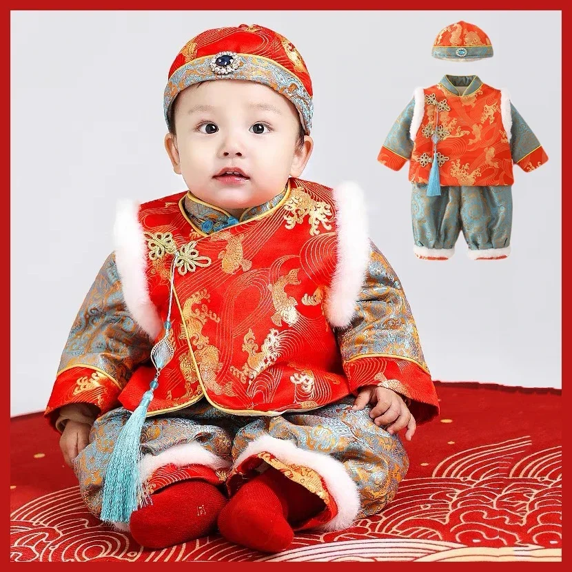 

2023NEW Tang Suit Chinese Traditional Costume For Newborn Baby Boys Thick Hanfu Winter Red New Year Birthday Gift Christmas