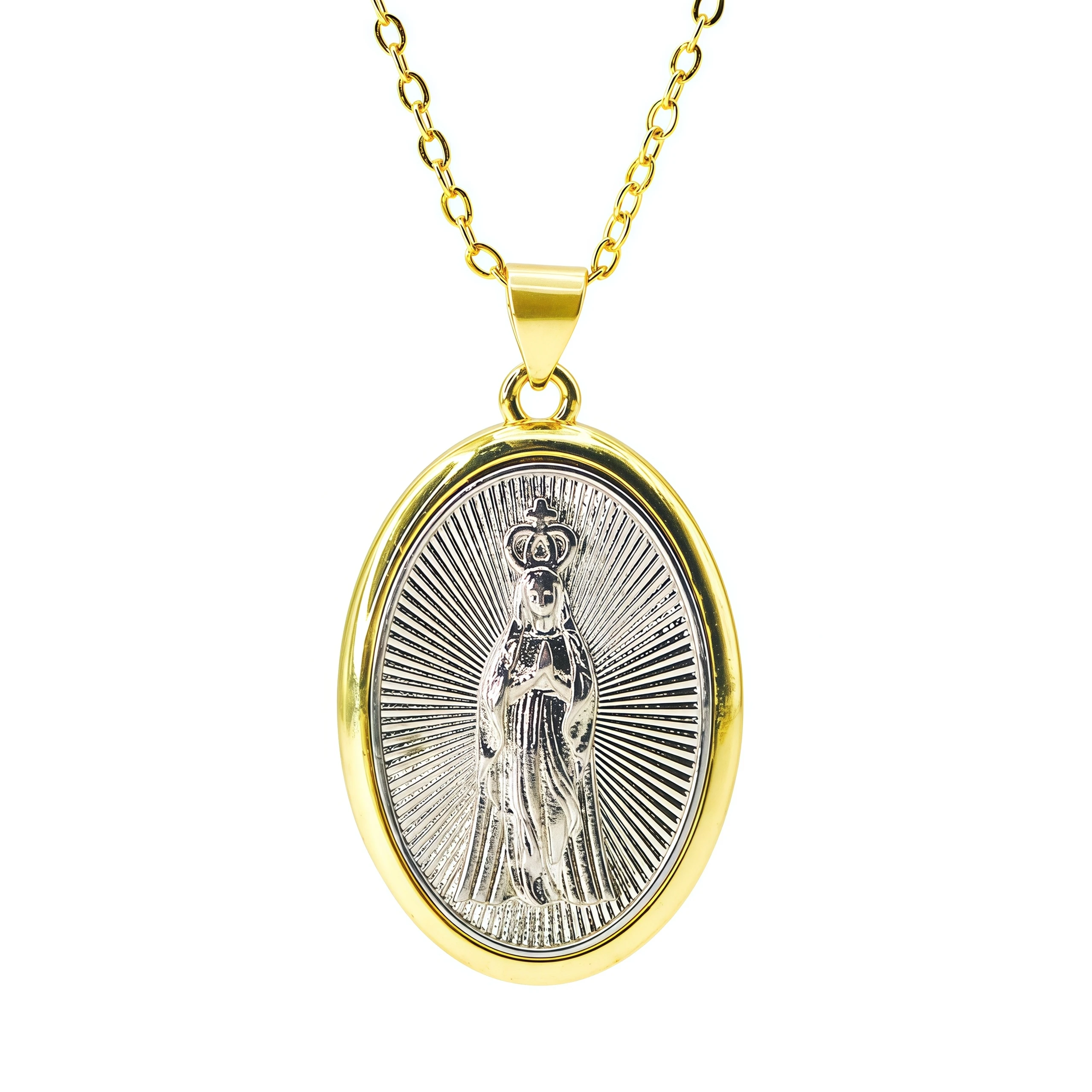 Two‑Tone Gold Plated Our Lady of Fatima Pendant Necklace Catholic Virgin Mary Religious Amulet Necklace Daily Faith Jewelry Gift