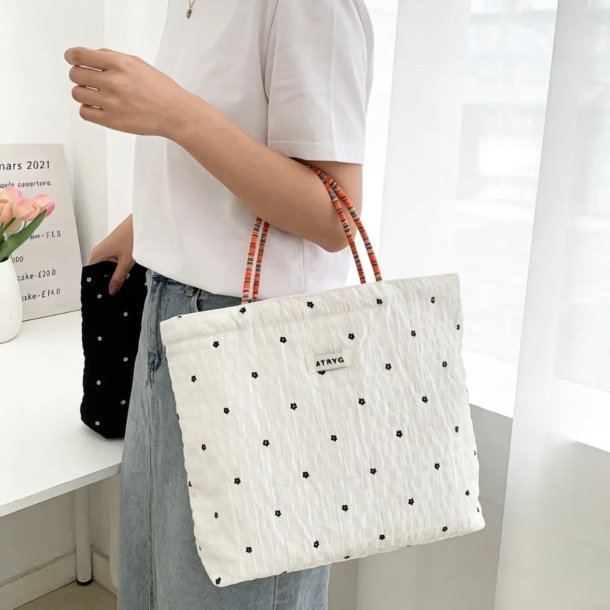Summer Casual Floral Chiffon Handbags for Women Large Capacity Ladies Zipper Lunch Bag Versatile Portable Female Shopping Tote
