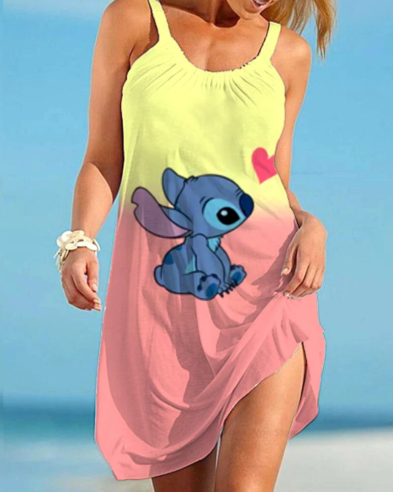 Sommermode Damenkleid ärmellos Disney Stitch Print Saum Strandkleid Damen Casual Party Abend Camisole Kleid