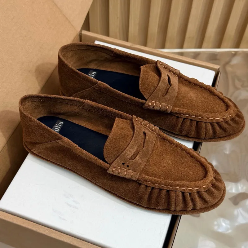 BOLOLIA High Quality Retro Loafers Round Toe Women Pumps Slip-On Genuine Leather Pleated Women Shoes Suede Casual Shoes