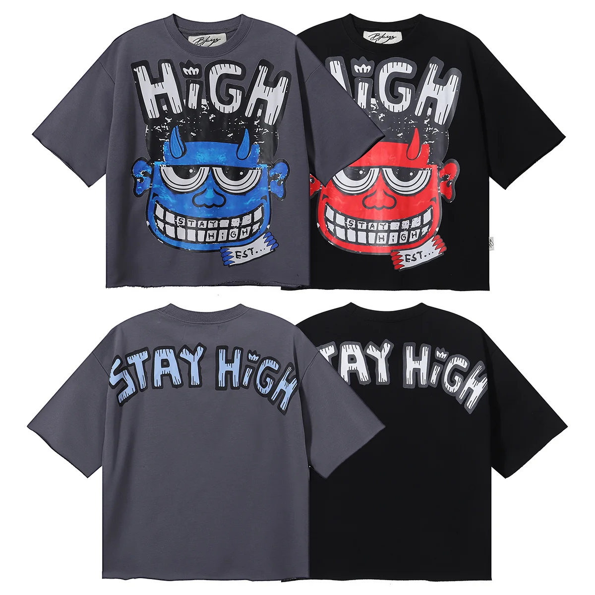 Retro American BKYS Cartoon Monster Print Hip Hop Rock INS Trendy Brand Men's Fleece Sweatshirt Short Sleeve T-Shirt