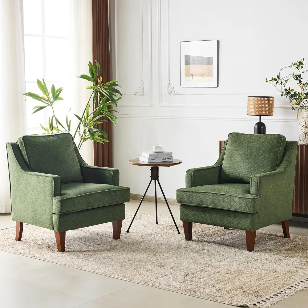 

pair of mid-century modern green upholstered accent chairs: comfortable high-back sofa chairs for living room reading