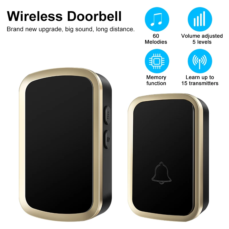 EU US Plug Wireless DoorBell Home Welcome Samrt Door Bell 300M Range 60 Songs 5-Volume Outdoor Waterproof Door Chime Kit