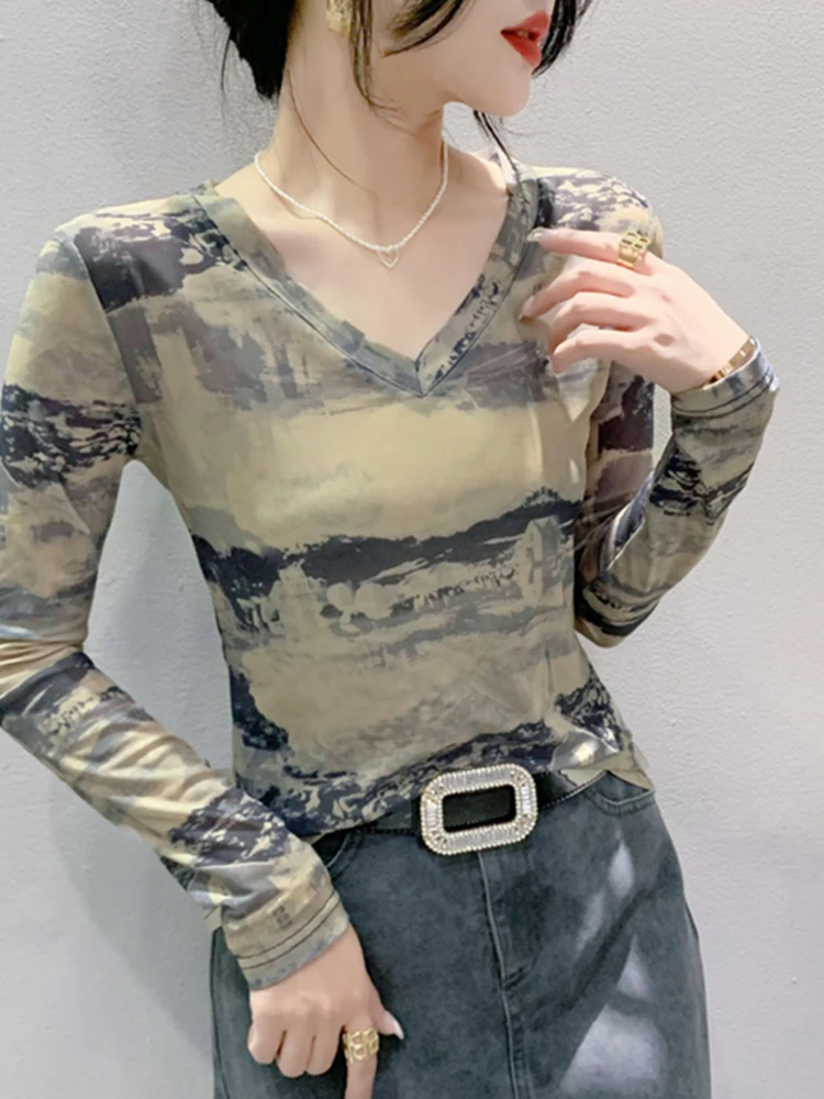 Spring New Sle Women's Long Sve T-irt V-Ne adient Color Me Base irt Sexy Slim Fit Elastic Korean Version Top