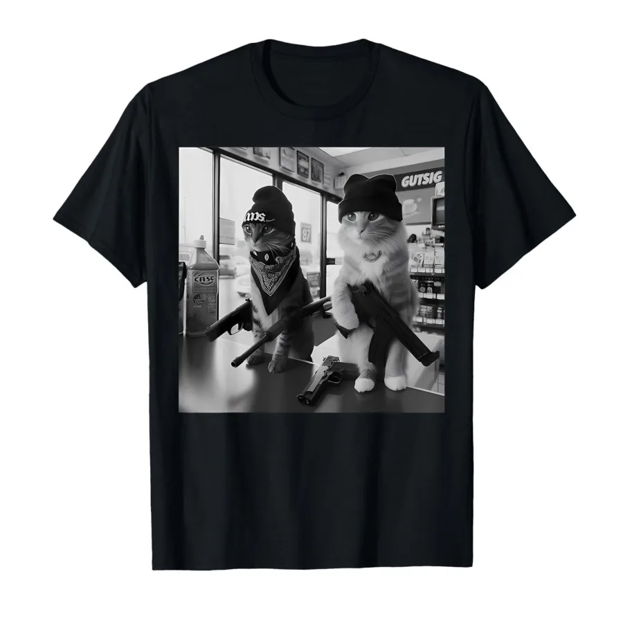 HOT SALE in Summer Funny Gangster Cats Street T-shirt for Men Women 100% Cotton T Shirts Short Sleeve Tops Soft and Comfortable