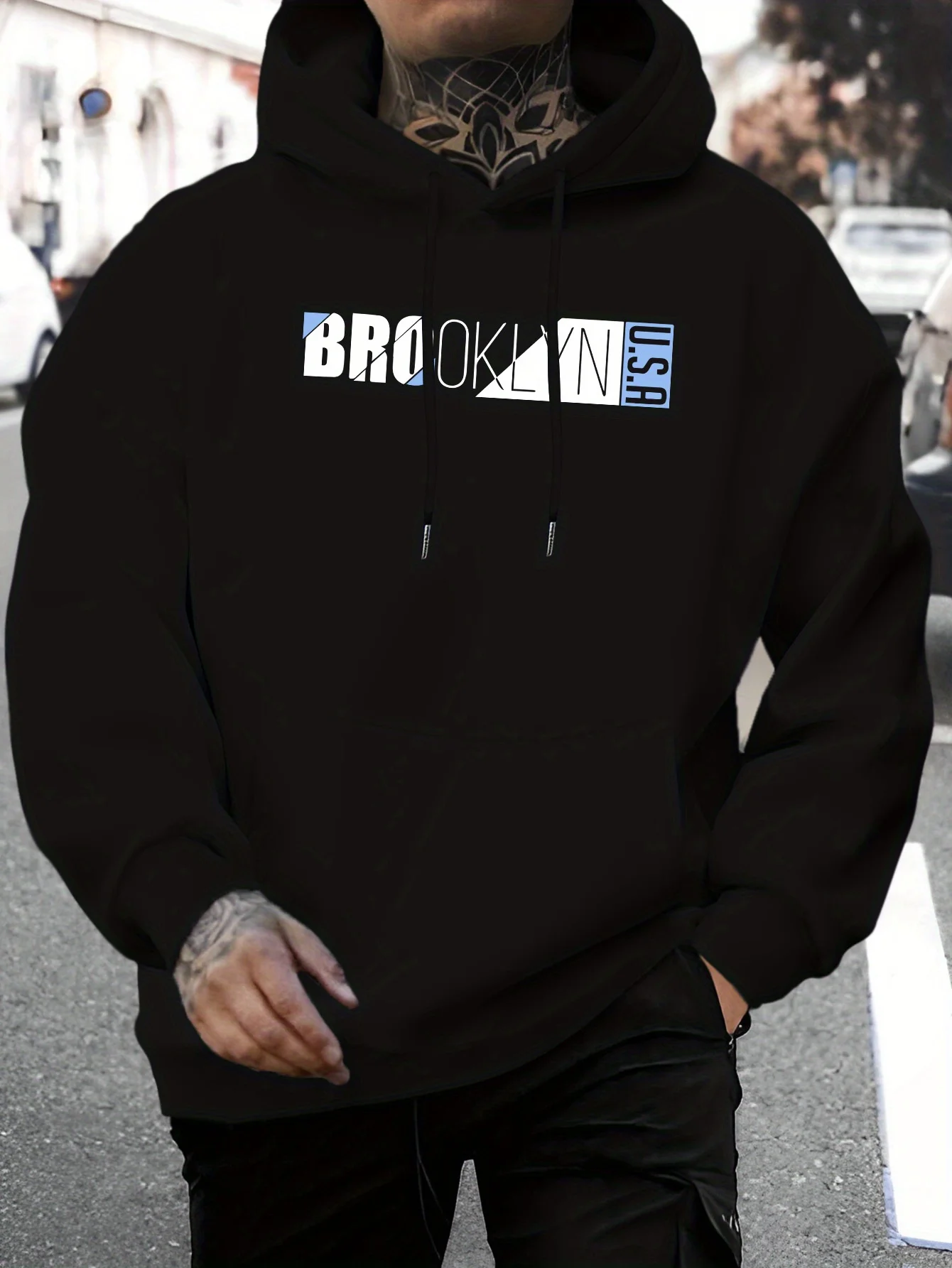 Men Brooklyn USA Letter Graphic Print Hoodie Loose Pullover Hooded Sweatshirt Casual Urban Streetwear Long Sleeve Hoodies