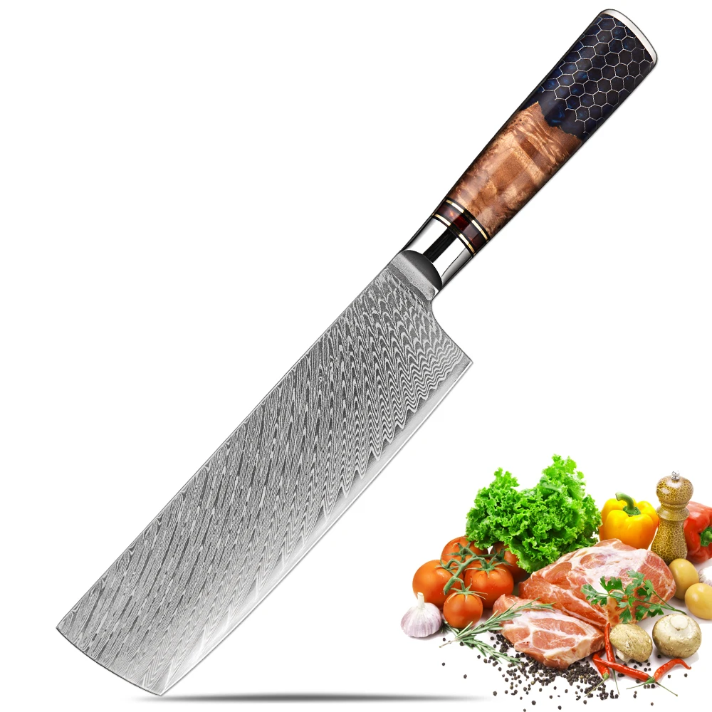 

Japanese 7 Inch Nakiri Knife Pro Kitchen Cleaver Knife 67-Layer Damascus Steel Vegetable Knife Honeycomb Blue Resin Handle