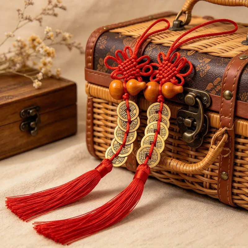 Chinese Knot Tassel Auspicious Wooden Gourd Pure Copper Five Emperor Money Pendant Home Hanging Ornament Feng Shui Luck