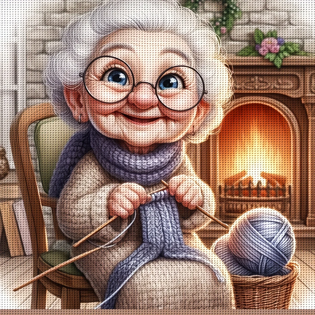 1PC 36X36cm/14.17X14.17inch, 11CT Print Cross Stitch DIY Kit, Cozy Fireplace Knitter, Adult Beginner's Relaxed Cross Stitch