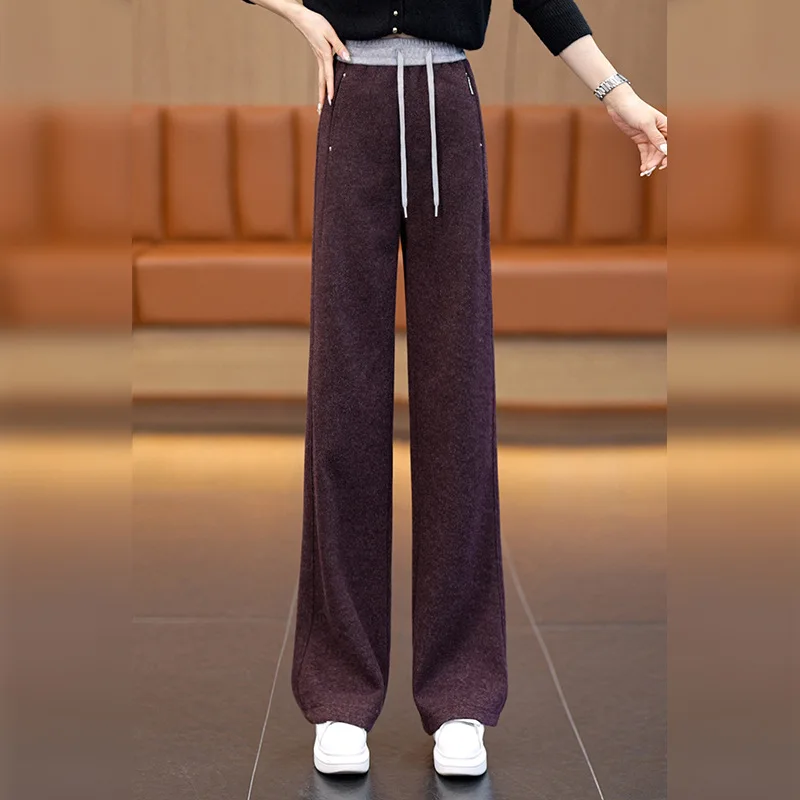 

Drawstring Elastic Waist Straight Pants for Women, and Winter Warm Woolen Pants with Draped Feel, Loose Fit Glut
