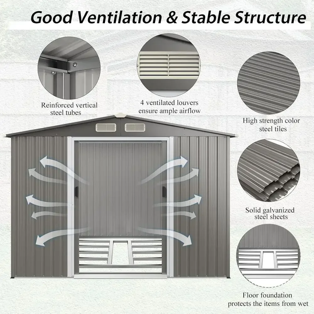 8x6 Galvanized Steel Outdoor Storage Shed with Floor, Lockable Door & Air Vent
