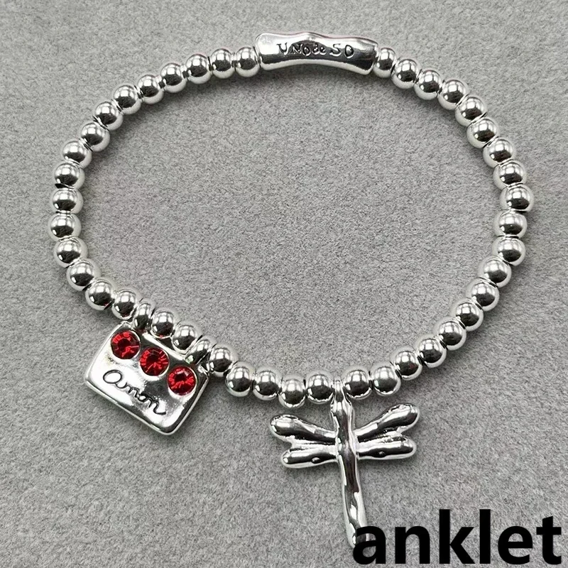 

2024 Spain UNO de 50 with red crystal beaded anklet silver-plated dragonfly pendant niche design women's foot accessories